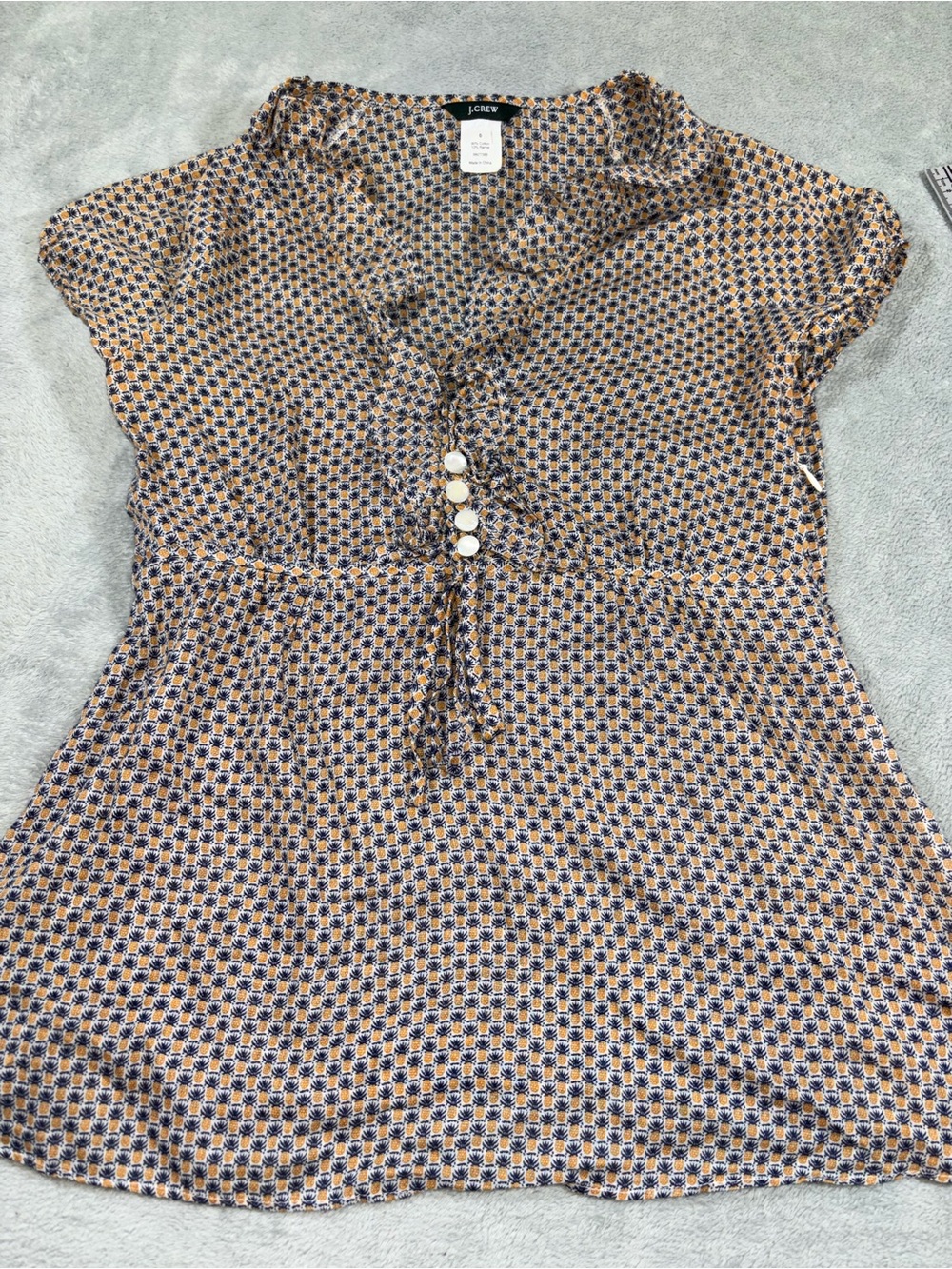 J.Crew Vintage Style Geometric Print Ruffle Babydoll Top Chiffon Size 0